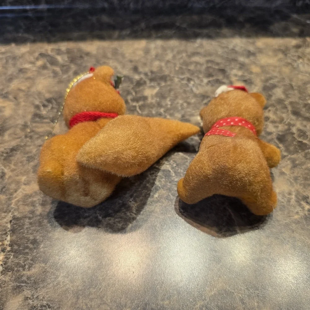 Vintage Flocked Christmas Ornaments‎ Squirrel & Bear with Santa Hats 1980s
